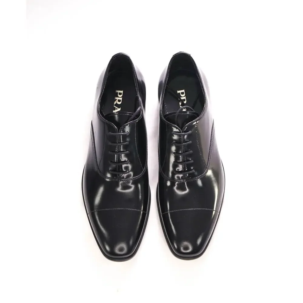 $980 PRADA- Leather Spazzolato Oxfords W Logo Inset Heel 7US